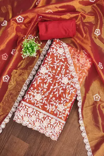 Women's red embroidered twill silk dress material