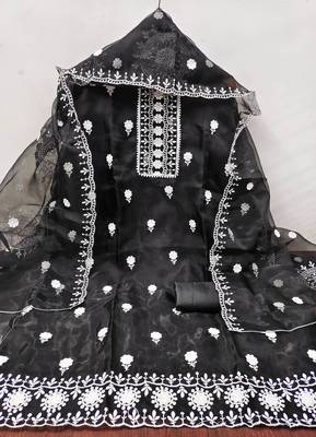 Women's black embroidered organza dress material 3