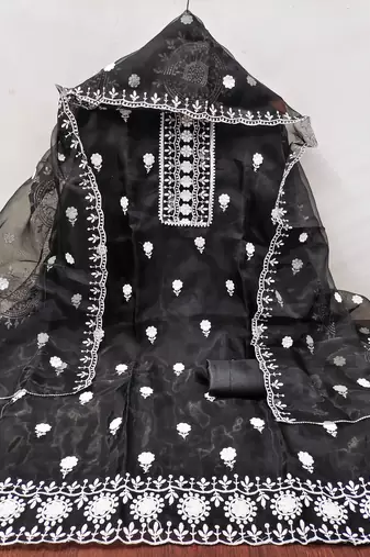 Women's black embroidered organza dress material