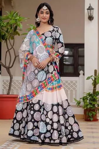 Multi Colour Crepe Silk Foil Print Digital Print Fully Stitched Lehenga Choli