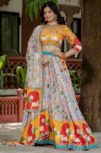 Multi Colour Crepe Silk Foil Print Digital Print Fully Stitched Lehenga Choli