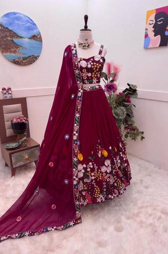 Maroon Georgette Embroidered Fully Stitched lehenga Choli