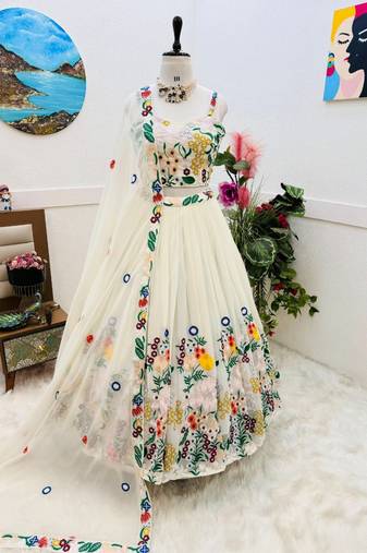 White Georgette Embroidered Fully Stitched lehenga Choli