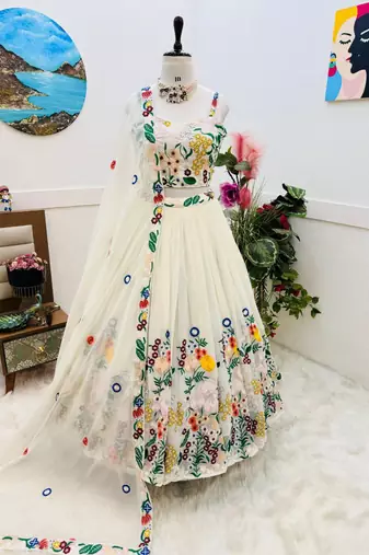 White Georgette Embroidered Fully Stitched lehenga Choli