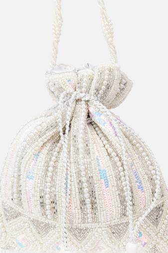 White Bridal Embellished Pearl and Sequined Potli Bag