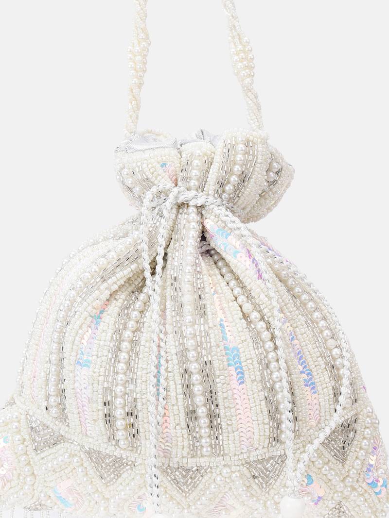 White Bridal Embellished Pearl and Sequined Potli Bag