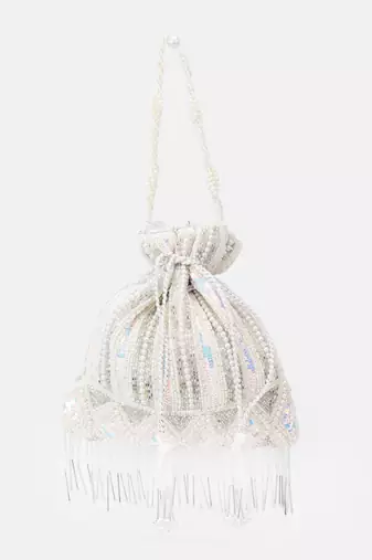 White Bridal Embellished Pearl and Sequined Potli Bag