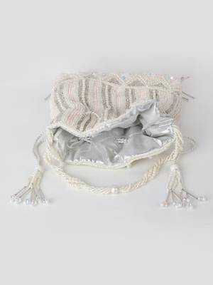 White Bridal Embellished Pearl and Sequined Potli Bag 5