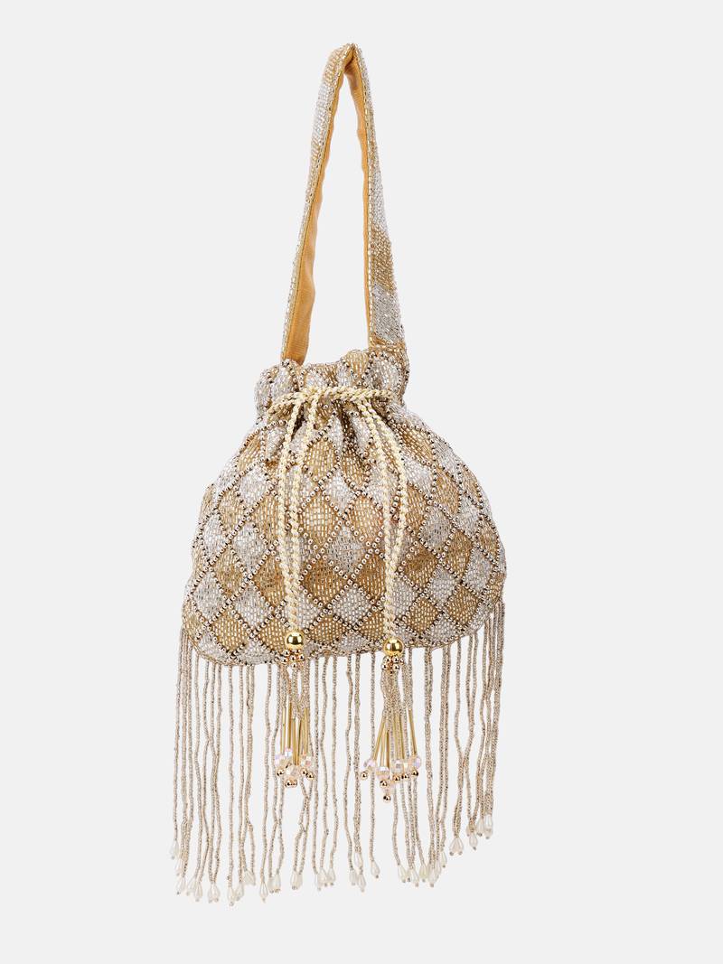 Beaded bridal potli bag in radiant gold and silver hues