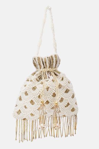 Off-white Pearl & Gold Hand-Beaded Potli Bag