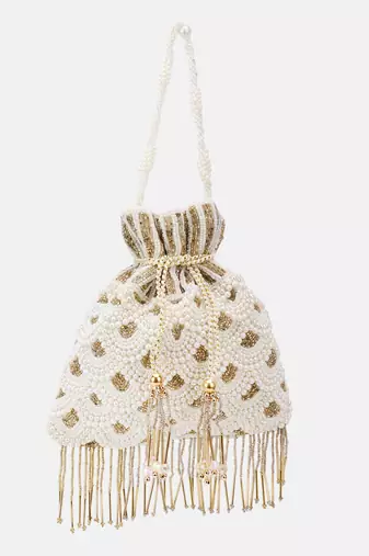 Off-white Pearl & Gold Hand-Beaded Potli Bag