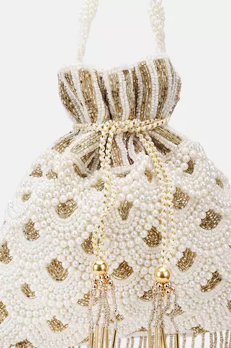 Off-white Pearl & Gold Hand-Beaded Potli Bag