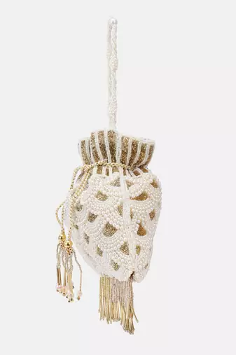 Off-white Pearl & Gold Hand-Beaded Potli Bag