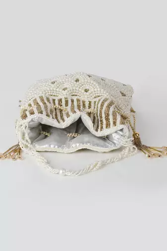 Off-white Pearl & Gold Hand-Beaded Potli Bag