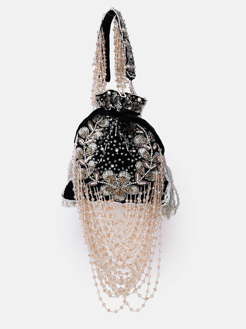 Black Velvet Embroidered Bridal Potli bag
