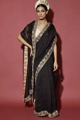Black plain organza saree with gota patti work
