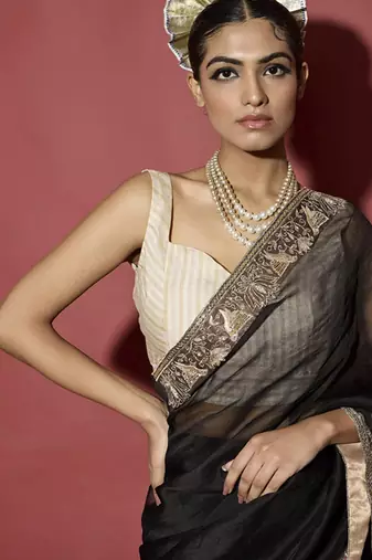 Black plain organza saree with gota patti work