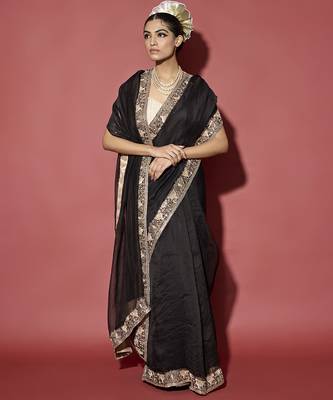 Black plain organza saree with gota patti work 3