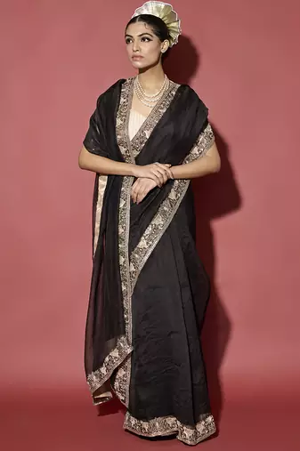 Black plain organza saree with gota patti work