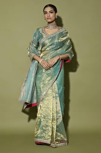 Turquoise printed tissue saree