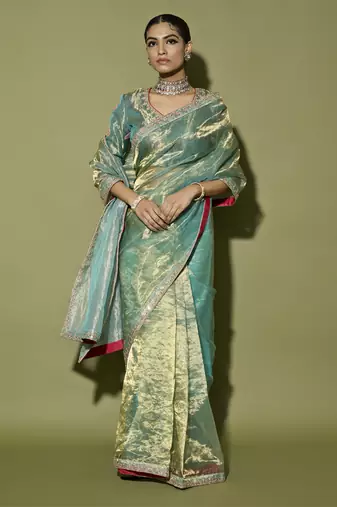 Turquoise printed tissue saree