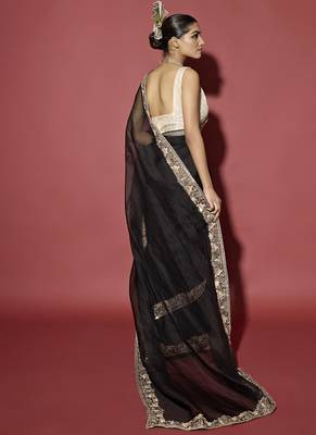 Black plain organza saree with gota patti work 4