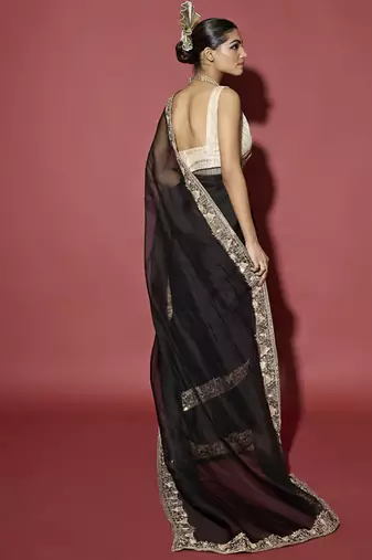 Black plain organza saree with gota patti work