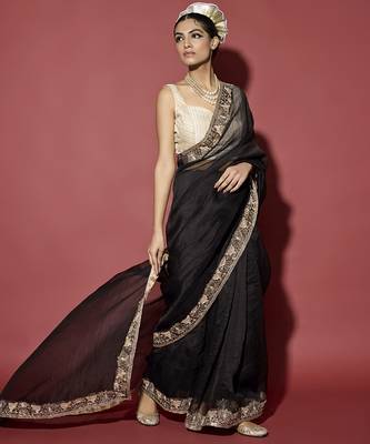 Black plain organza saree with gota patti work 5