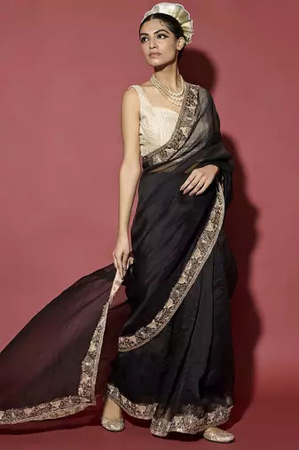 Black plain organza saree with gota patti work