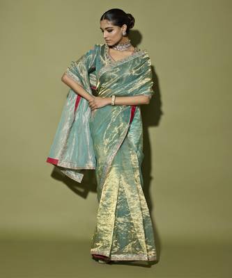 Turquoise printed tissue saree 2
