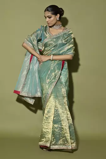 Turquoise printed tissue saree
