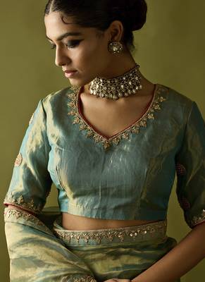 Turquoise printed tissue saree 3