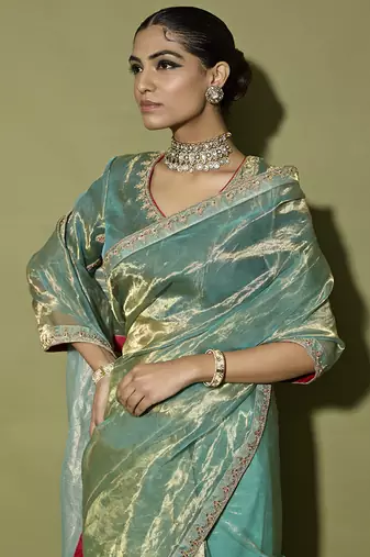 Turquoise printed tissue saree