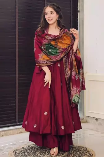 Gorgeous Women's Embroidery Chanderi Fabric Flared Kurta, Palazzo and Dupatta Set