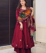 Gorgeous Women's Embroidery Chanderi Fabric Flared Kurta, Palazzo and Dupatta Set
