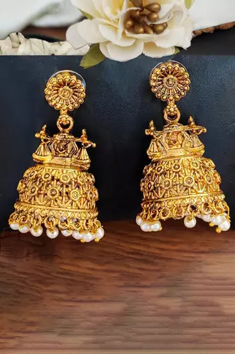 White high gold plated antique jhumka earrings – traditional ethnic temple jewelry for women
