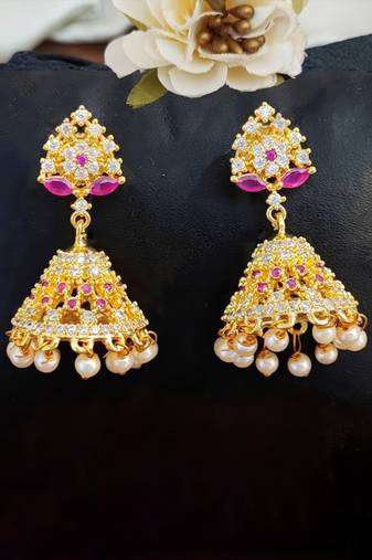 Ruby white short jhumka earrings with full american diamond stone – elegant party wear design