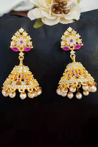Ruby white short jhumka earrings with full american diamond stone – elegant party wear design
