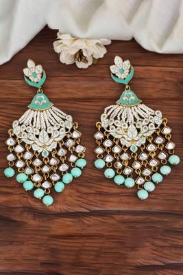 Mint green long meenakari earrings with clustered pearls – designer fancy party wear jewelry for women 1