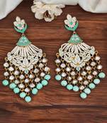 Mint green long meenakari earrings with clustered pearls – designer fancy party wear jewelry for women