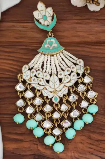 Mint green long meenakari earrings with clustered pearls – designer fancy party wear jewelry for women