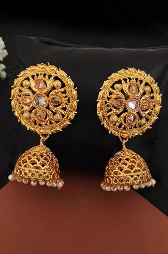 Transparent yellow designer high gold polish jhumka earrings – fancy antique party wear jewelry for women