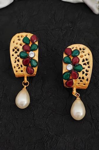 Ruby green high gold polish earrings with clustered pearls – fancy party wear jewelry for women