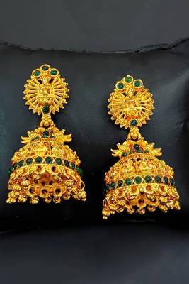 Green south indian temple jhumka earrings – high gold polish traditional jewelry 1
