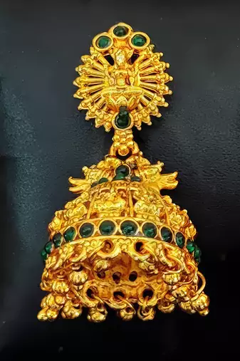Green south indian temple jhumka earrings – high gold polish traditional jewelry
