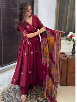 Gorgeous Women's Embroidery Chanderi Fabric Flared Kurta, Palazzo and Dupatta Set 1