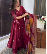 Gorgeous Women's Embroidery Chanderi Fabric Flared Kurta, Palazzo and Dupatta Set