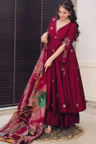 Gorgeous Women's Embroidery Chanderi Fabric Flared Kurta, Palazzo and Dupatta Set