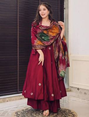 Gorgeous Women's Embroidery Chanderi Fabric Flared Kurta, Palazzo and Dupatta Set 4