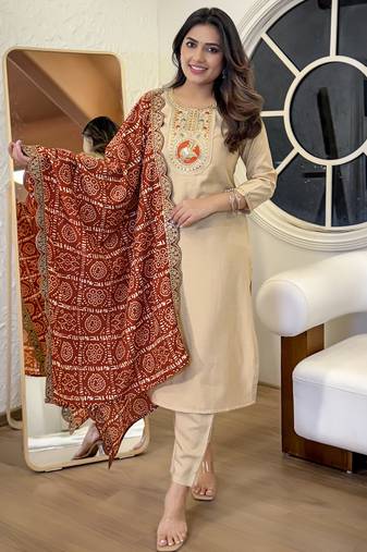 Women's Gorgeous Viscose Embroidery Straight Kurta with Pant And Dupatta Set